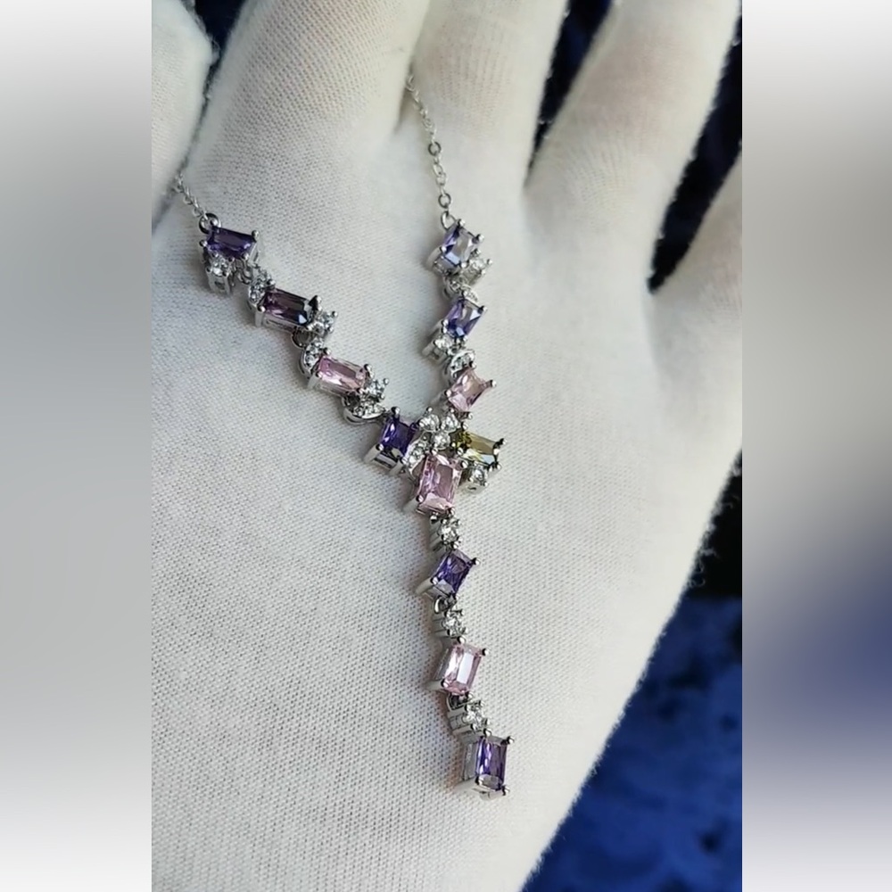 Swarovski Elements Platinum Multicolor Pink & Purple Gem Geometric Necklace NEW - Picture 3 of 13